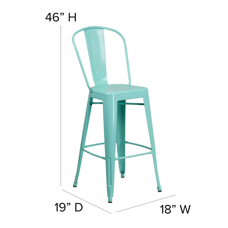 Commercial Grade 30" High Mint Green Metal Indoor-Outdoor Barstool with Back