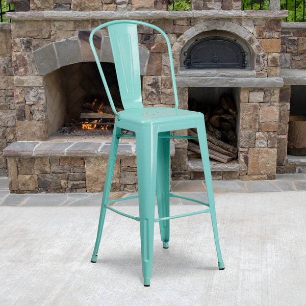 Commercial Grade 30" High Mint Green Metal Indoor-Outdoor Barstool with Back