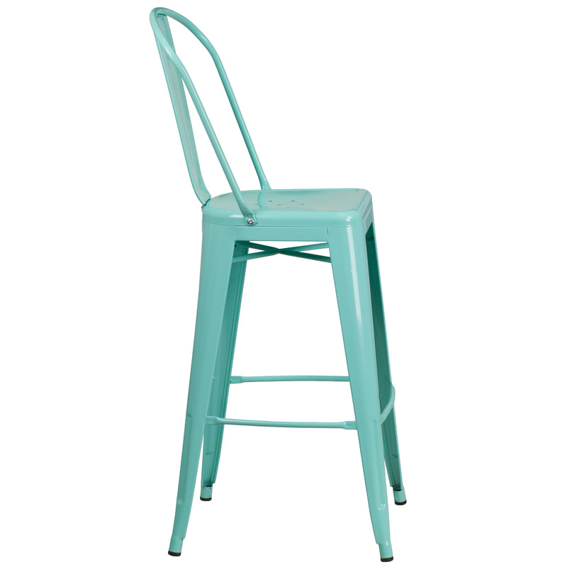 Commercial Grade 30" High Mint Green Metal Indoor-Outdoor Barstool with Back