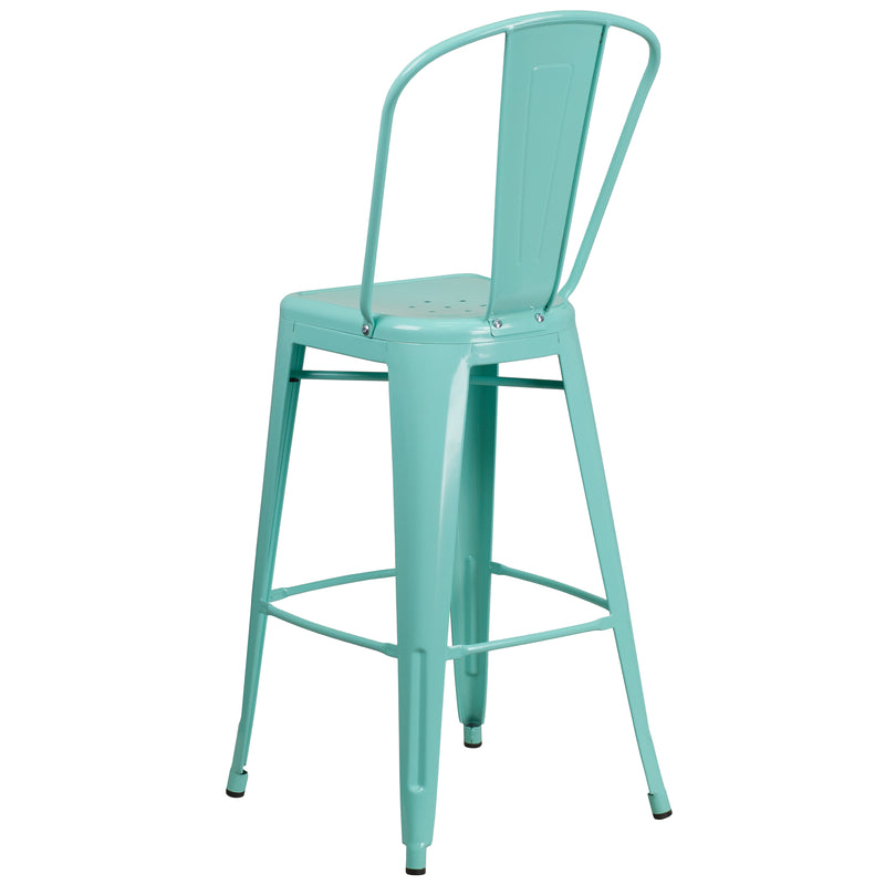 Commercial Grade 30" High Mint Green Metal Indoor-Outdoor Barstool with Back