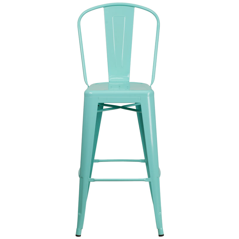 Commercial Grade 30" High Mint Green Metal Indoor-Outdoor Barstool with Back