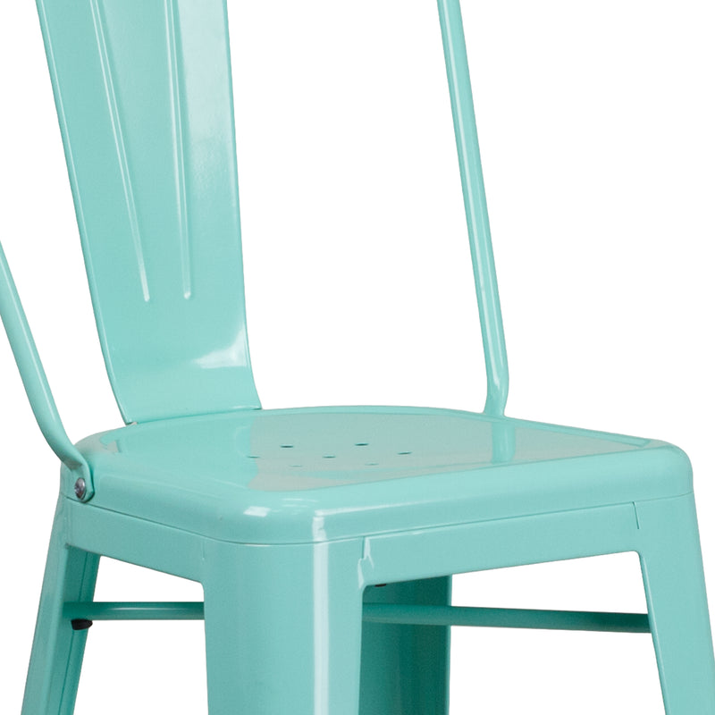 Commercial Grade 30" High Mint Green Metal Indoor-Outdoor Barstool with Back