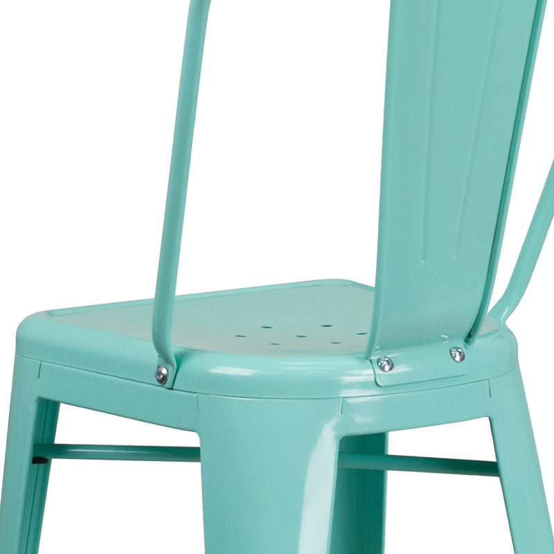 Commercial Grade 30" High Mint Green Metal Indoor-Outdoor Barstool with Back