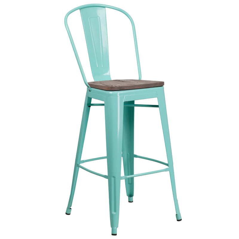 30" High Mint Green Metal Barstool with Back and Wood Seat