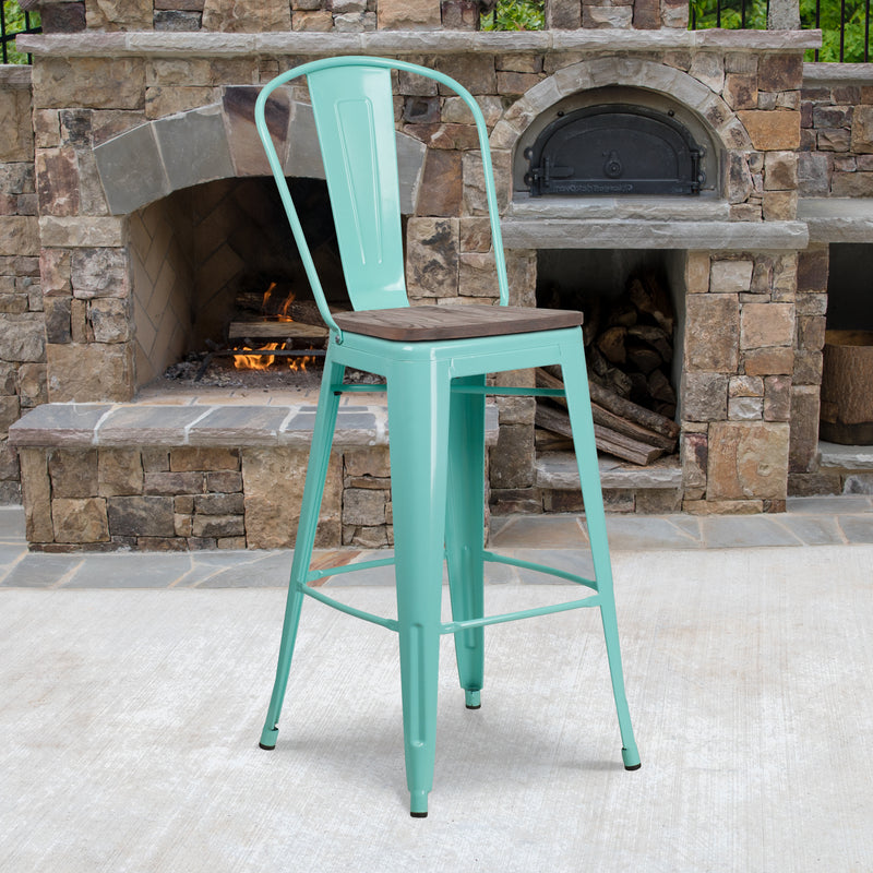 30" High Mint Green Metal Barstool with Back and Wood Seat