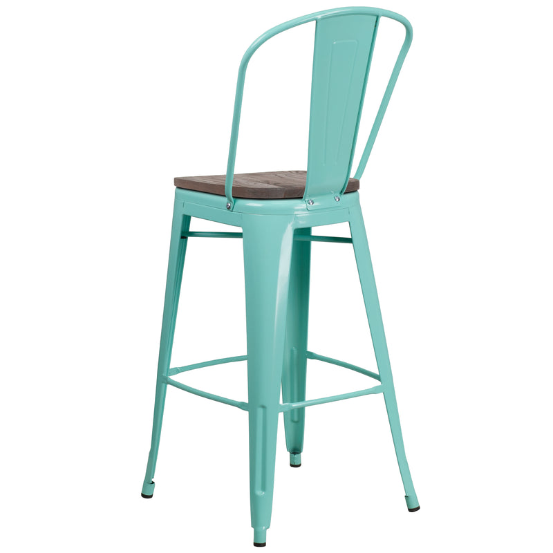 30" High Mint Green Metal Barstool with Back and Wood Seat