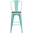 30" High Mint Green Metal Barstool with Back and Wood Seat