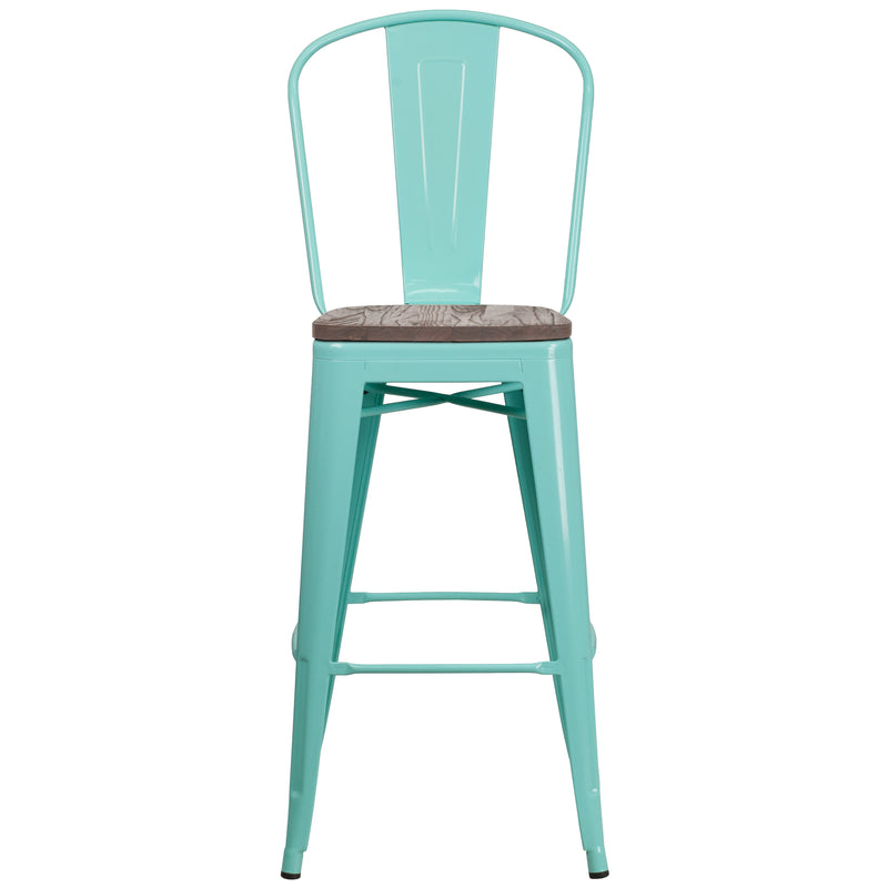 30" High Mint Green Metal Barstool with Back and Wood Seat