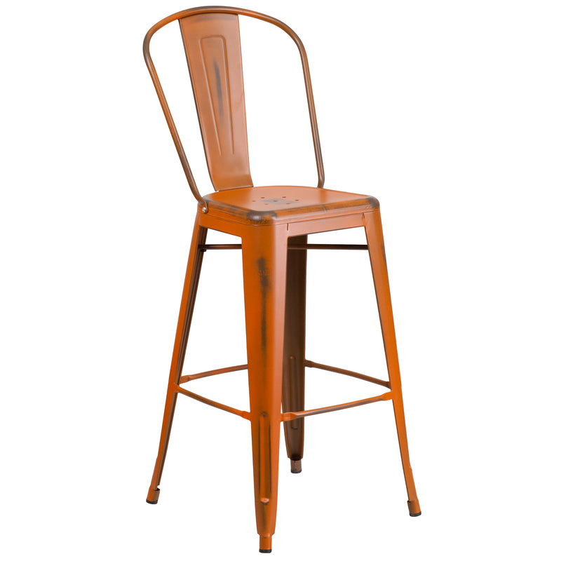 Commercial Grade 30" High Distressed Orange Metal Indoor-Outdoor Barstool with Back