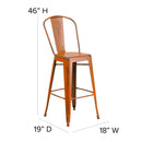 Commercial Grade 30" High Distressed Orange Metal Indoor-Outdoor Barstool with Back