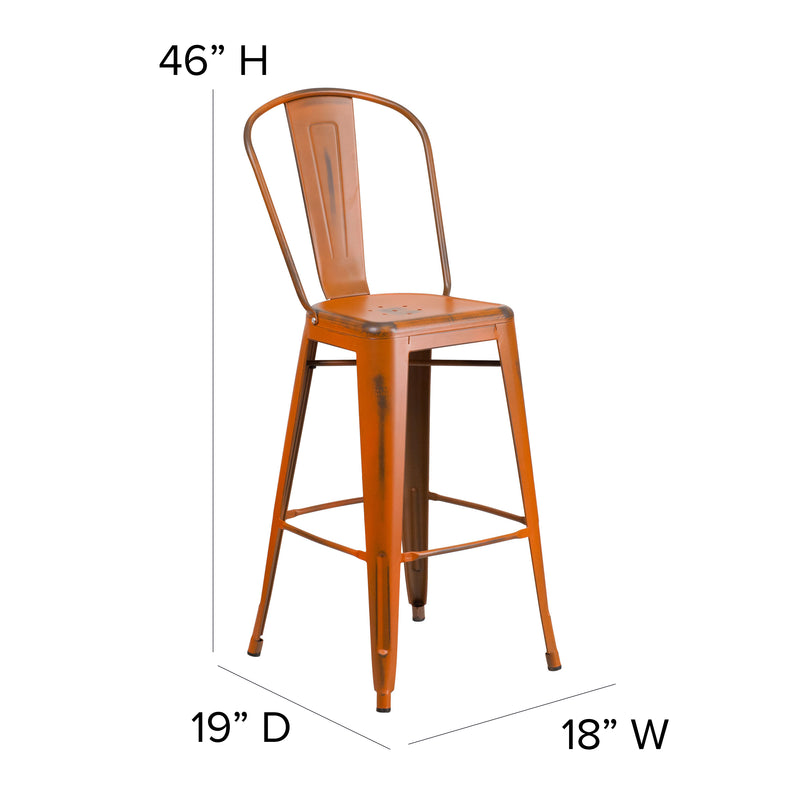 Commercial Grade 30" High Distressed Orange Metal Indoor-Outdoor Barstool with Back