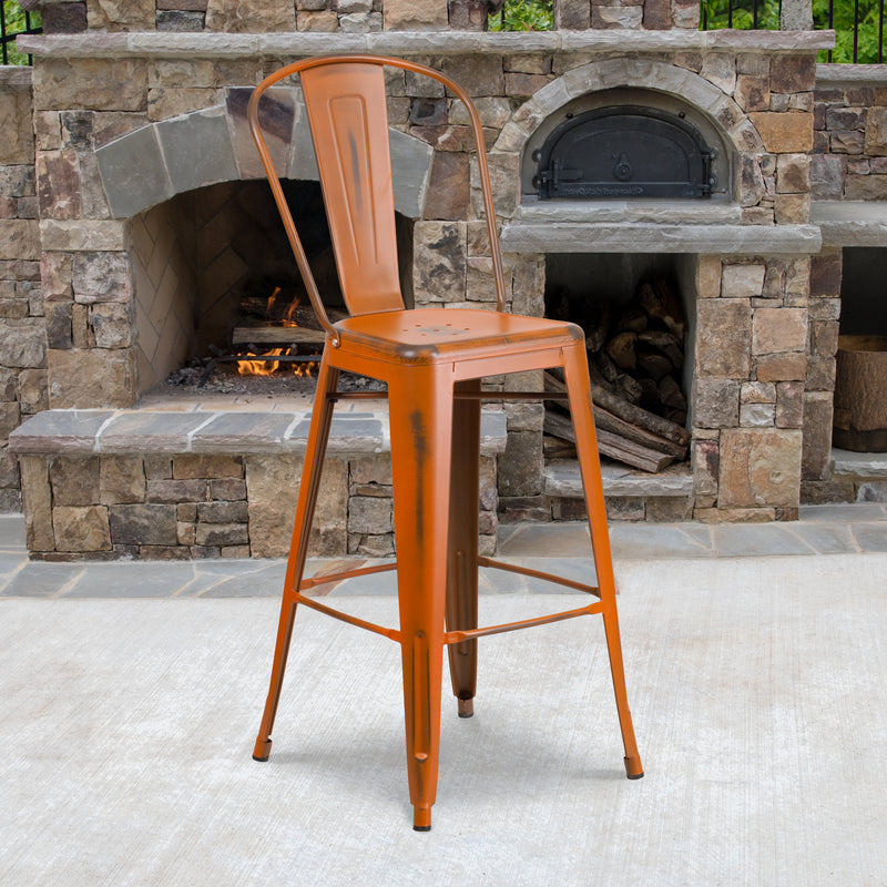 Commercial Grade 30" High Distressed Orange Metal Indoor-Outdoor Barstool with Back