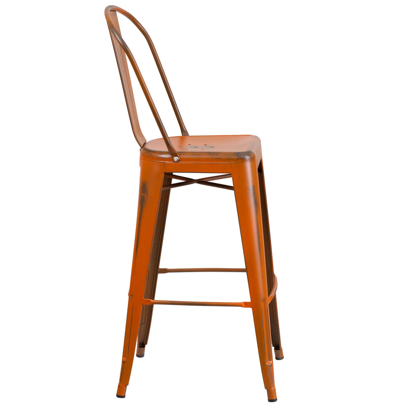 Commercial Grade 30" High Distressed Orange Metal Indoor-Outdoor Barstool with Back