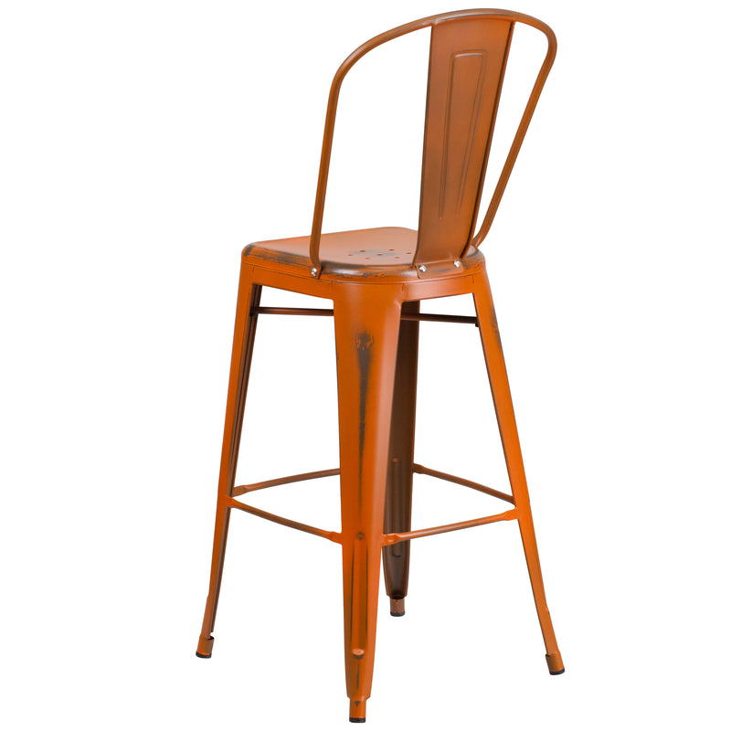 Commercial Grade 30" High Distressed Orange Metal Indoor-Outdoor Barstool with Back