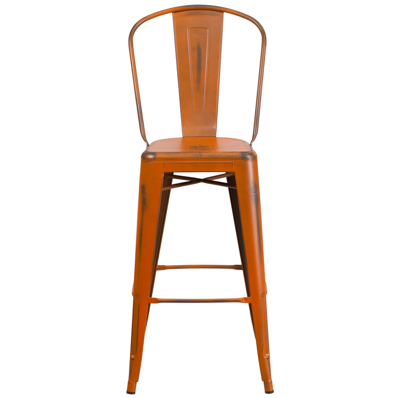 Commercial Grade 30" High Distressed Orange Metal Indoor-Outdoor Barstool with Back