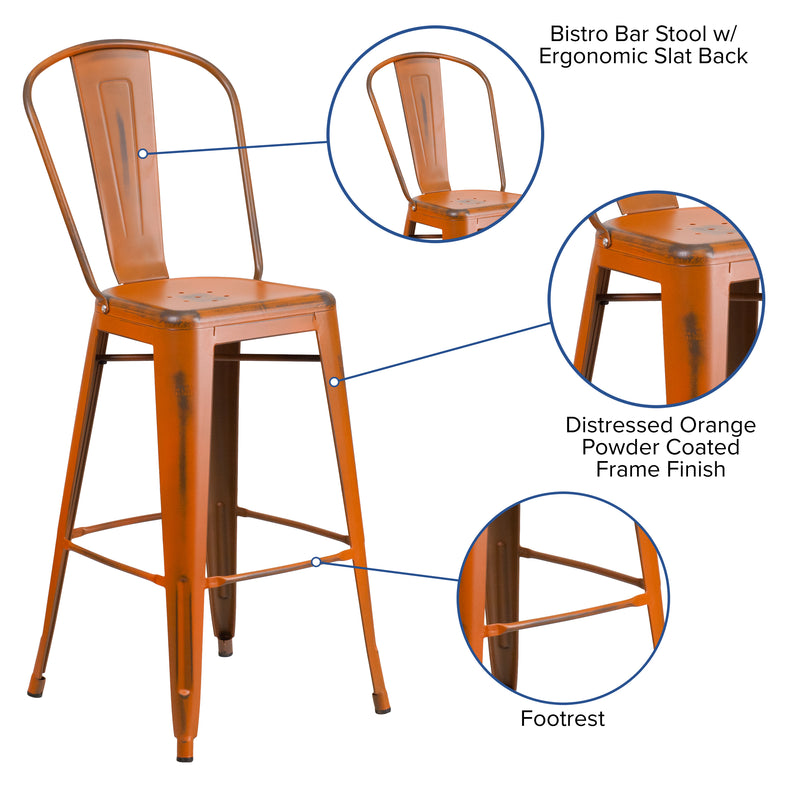 Commercial Grade 30" High Distressed Orange Metal Indoor-Outdoor Barstool with Back