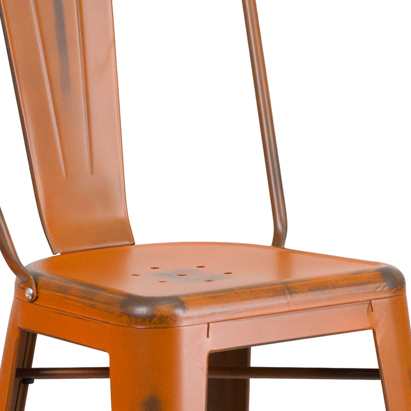 Commercial Grade 30" High Distressed Orange Metal Indoor-Outdoor Barstool with Back