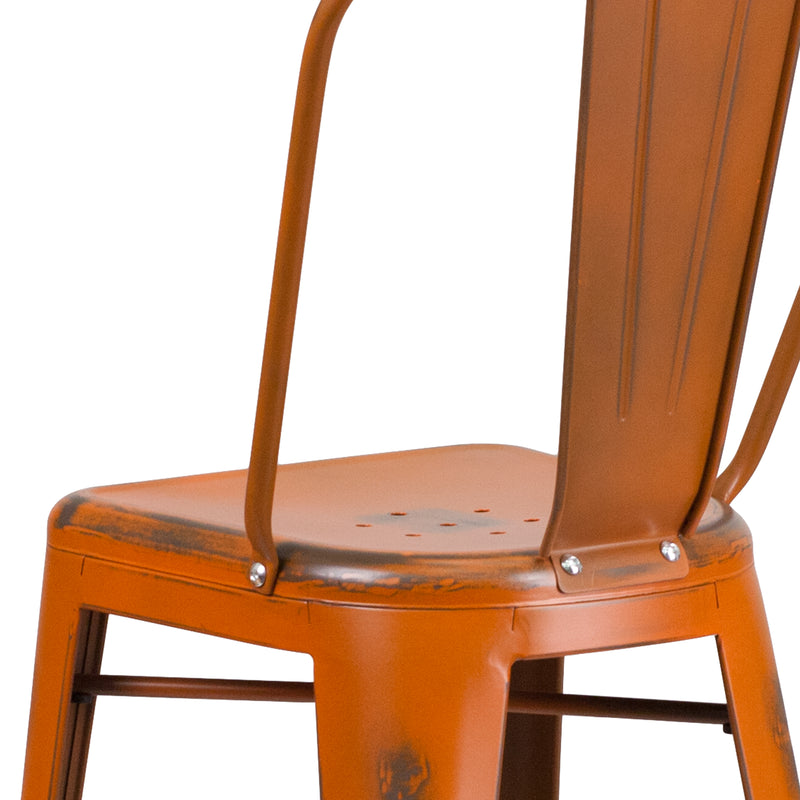 Commercial Grade 30" High Distressed Orange Metal Indoor-Outdoor Barstool with Back