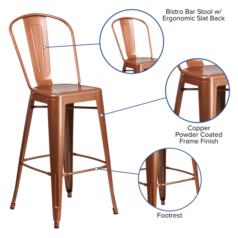 Commercial Grade 30" High Copper Metal Indoor-Outdoor Barstool with Back