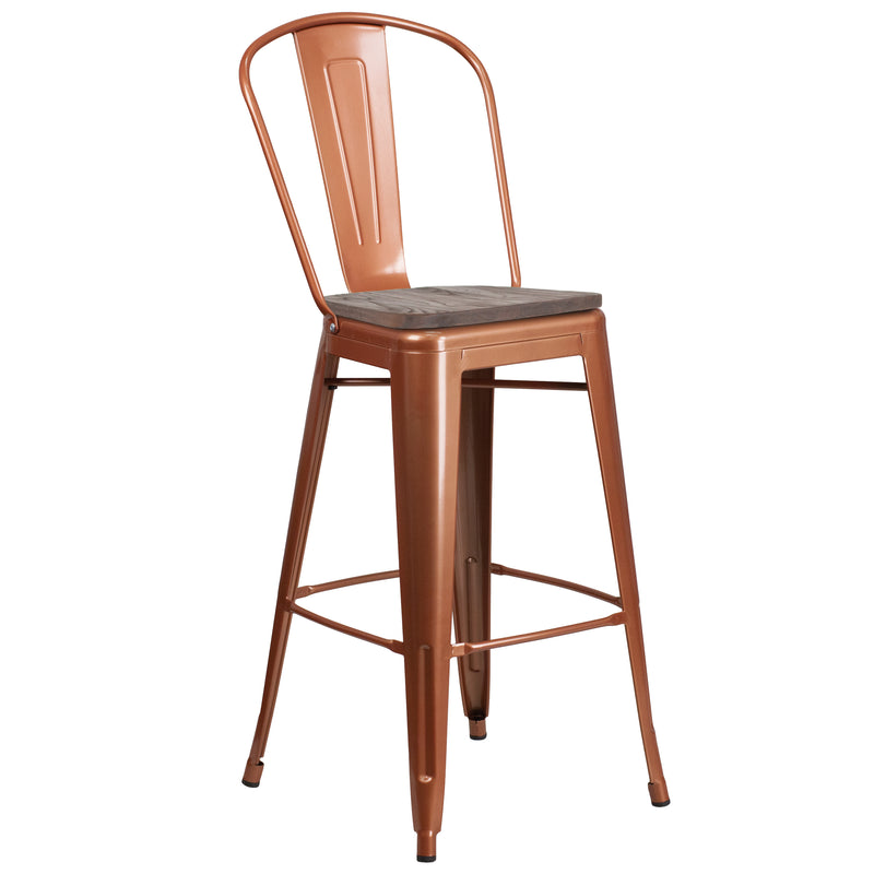 30" High Copper Metal Barstool with Back and Wood Seat