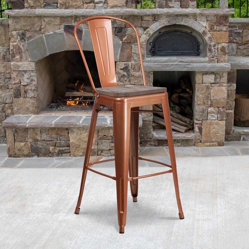 30" High Copper Metal Barstool with Back and Wood Seat