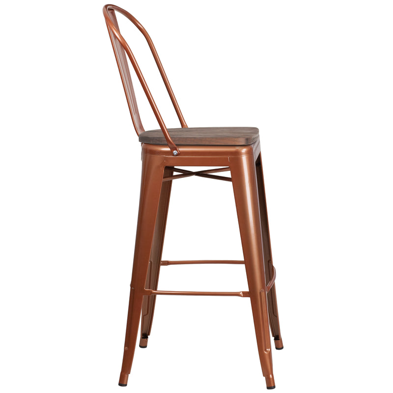 30" High Copper Metal Barstool with Back and Wood Seat