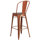 30" High Copper Metal Barstool with Back and Wood Seat