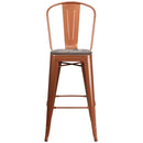 30" High Copper Metal Barstool with Back and Wood Seat