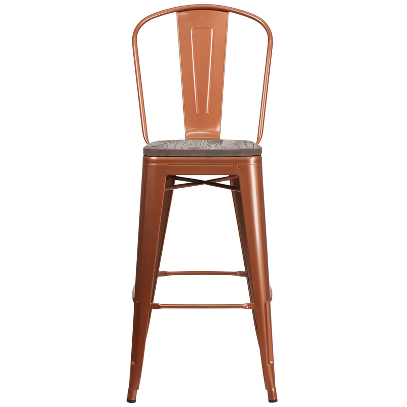 30" High Copper Metal Barstool with Back and Wood Seat