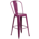 Commercial Grade 30" High Purple Metal Indoor-Outdoor Barstool with Back