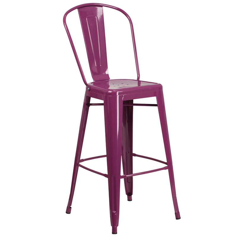 Commercial Grade 30" High Purple Metal Indoor-Outdoor Barstool with Back