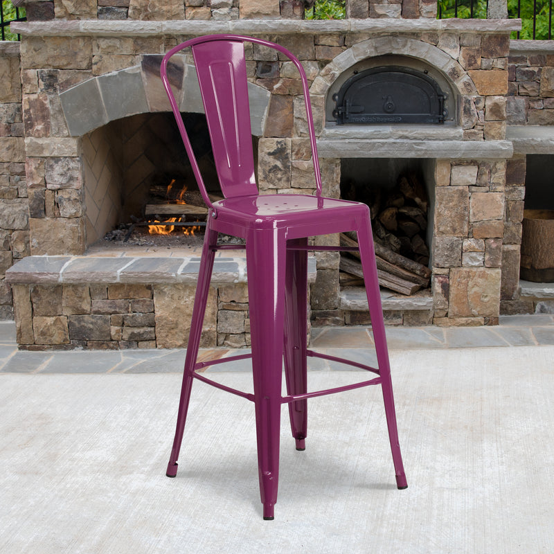 Commercial Grade 30" High Purple Metal Indoor-Outdoor Barstool with Back