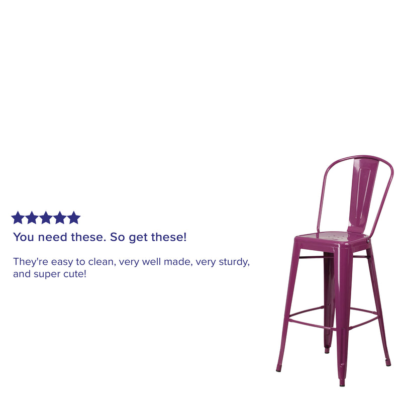 Commercial Grade 30" High Purple Metal Indoor-Outdoor Barstool with Back