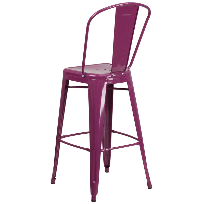 Commercial Grade 30" High Purple Metal Indoor-Outdoor Barstool with Back