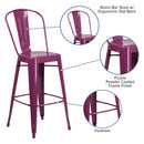 Commercial Grade 30" High Purple Metal Indoor-Outdoor Barstool with Back