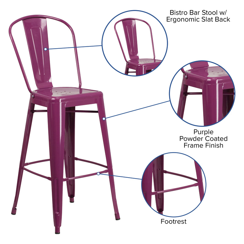 Commercial Grade 30" High Purple Metal Indoor-Outdoor Barstool with Back