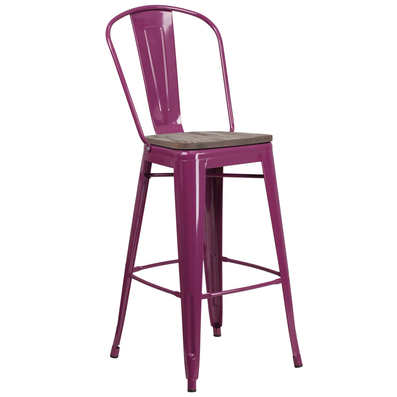 30" High Purple Metal Barstool with Back and Wood Seat