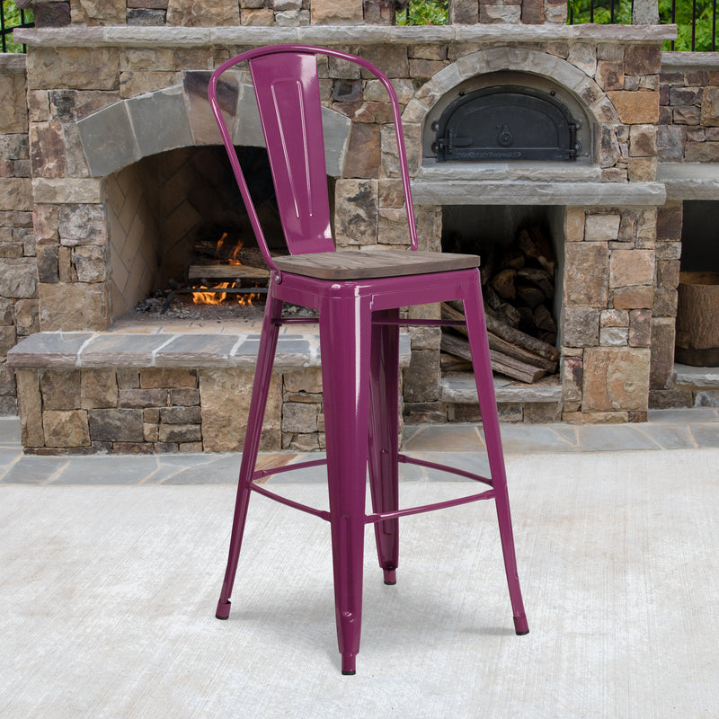 30" High Purple Metal Barstool with Back and Wood Seat