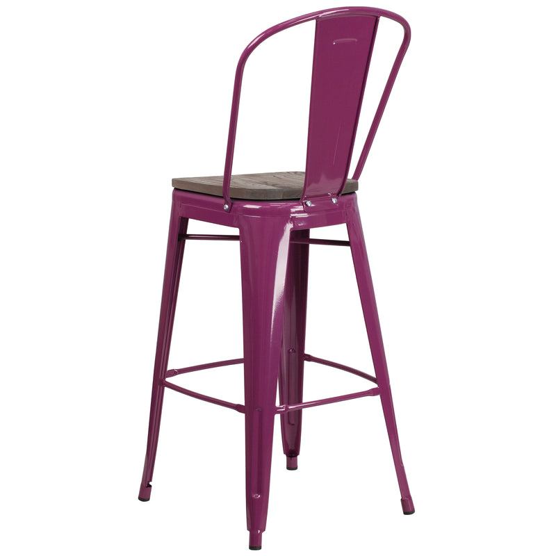 30" High Purple Metal Barstool with Back and Wood Seat