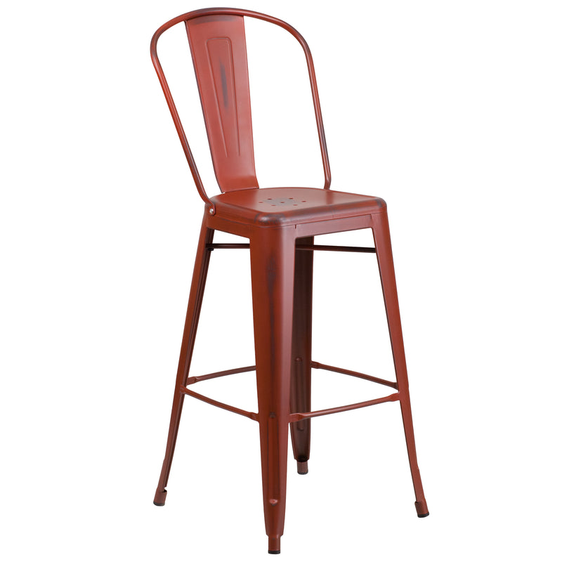 Commercial Grade 30" High Distressed Kelly Red Metal Indoor-Outdoor Barstool with Back