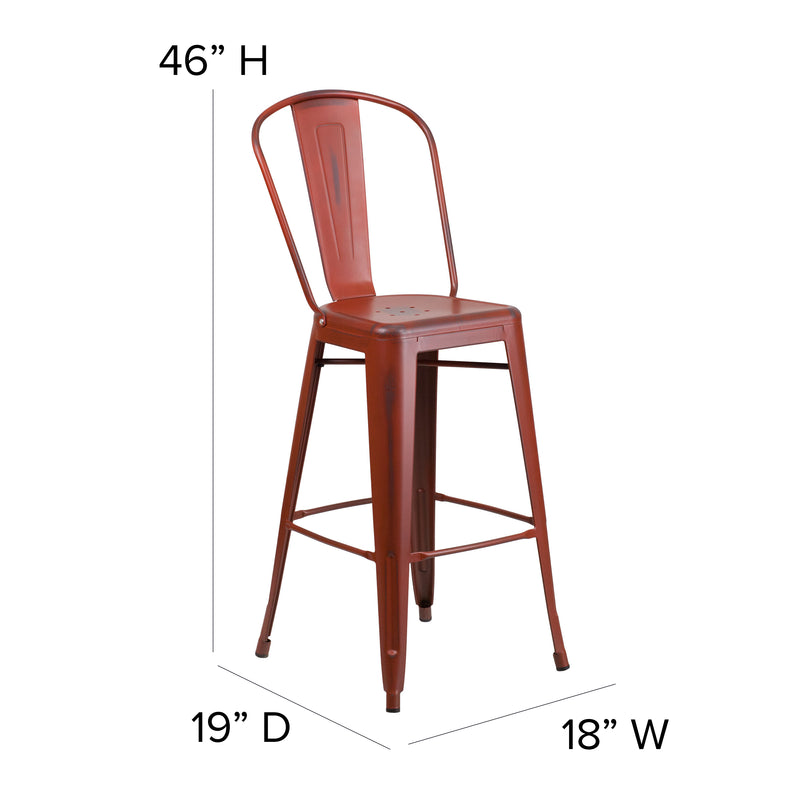 Commercial Grade 30" High Distressed Kelly Red Metal Indoor-Outdoor Barstool with Back