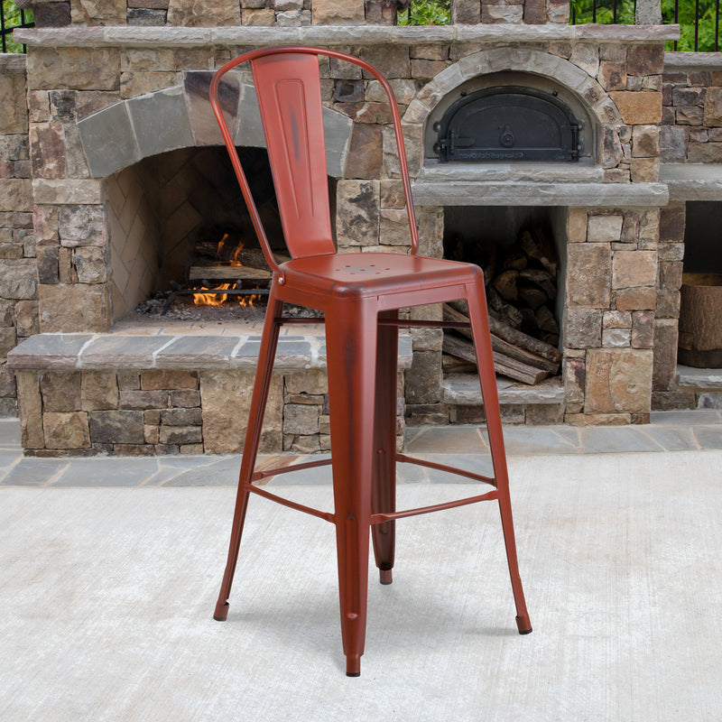 Commercial Grade 30" High Distressed Kelly Red Metal Indoor-Outdoor Barstool with Back