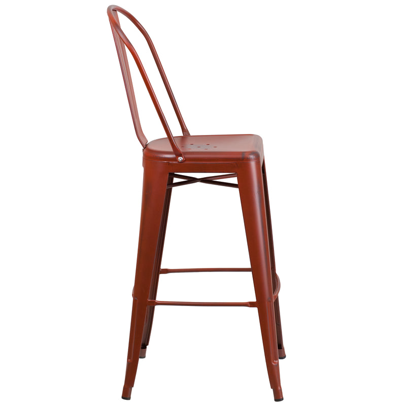 Commercial Grade 30" High Distressed Kelly Red Metal Indoor-Outdoor Barstool with Back