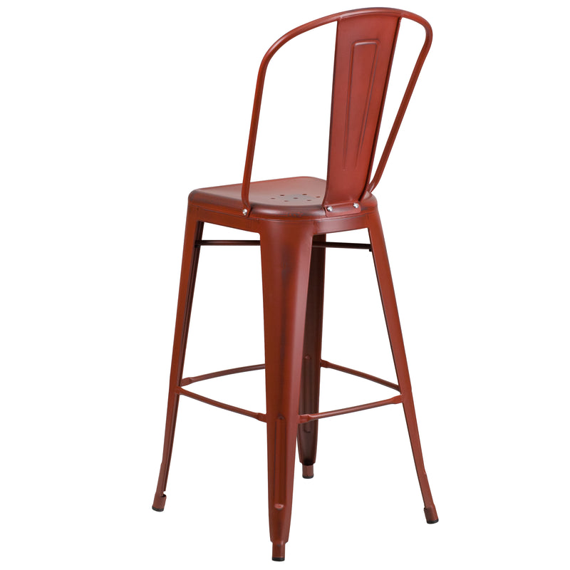 Commercial Grade 30" High Distressed Kelly Red Metal Indoor-Outdoor Barstool with Back