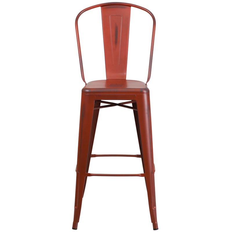 Commercial Grade 30" High Distressed Kelly Red Metal Indoor-Outdoor Barstool with Back