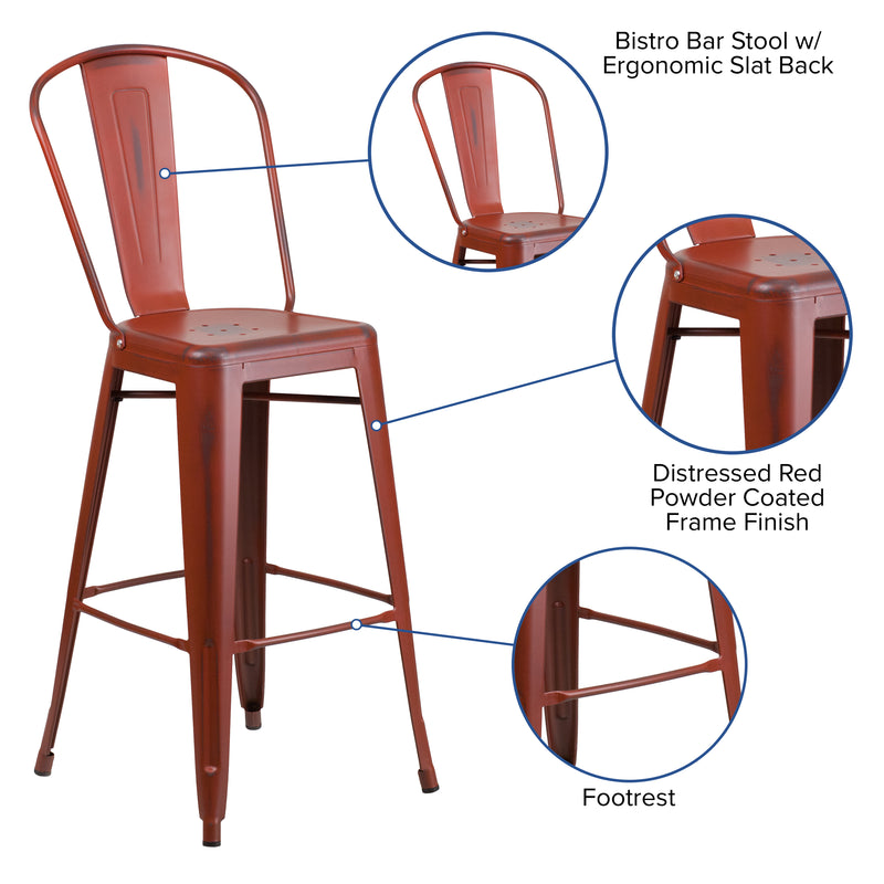 Commercial Grade 30" High Distressed Kelly Red Metal Indoor-Outdoor Barstool with Back