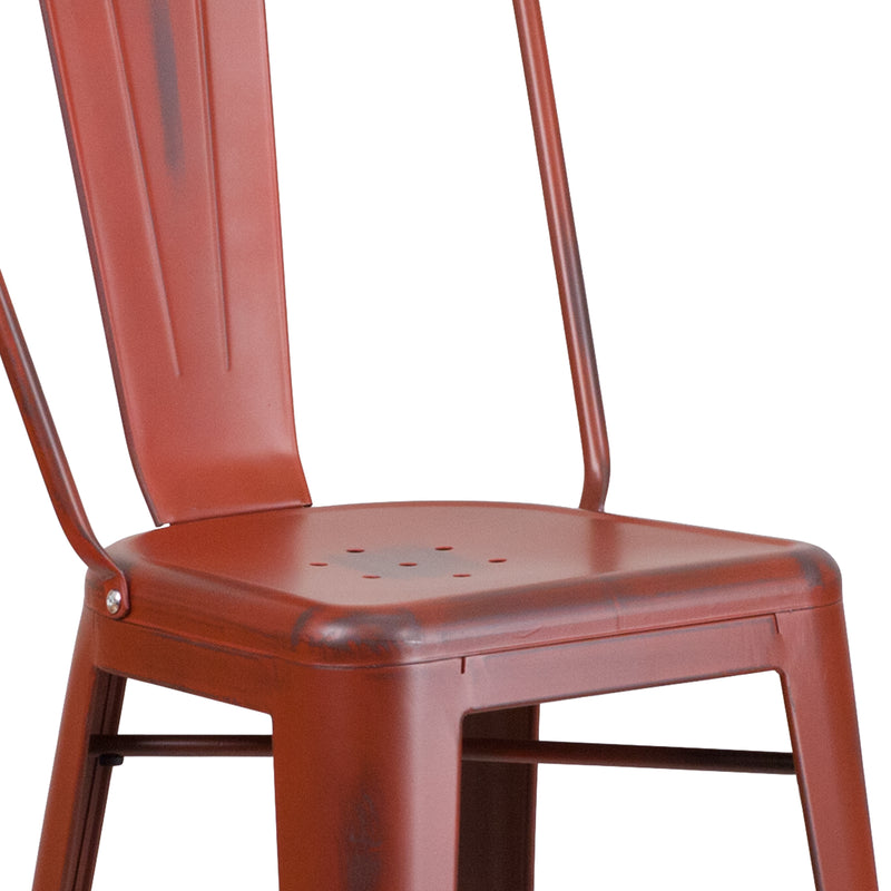 Commercial Grade 30" High Distressed Kelly Red Metal Indoor-Outdoor Barstool with Back