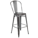 Commercial Grade 30" High Distressed Silver Gray Metal Indoor-Outdoor Barstool with Back