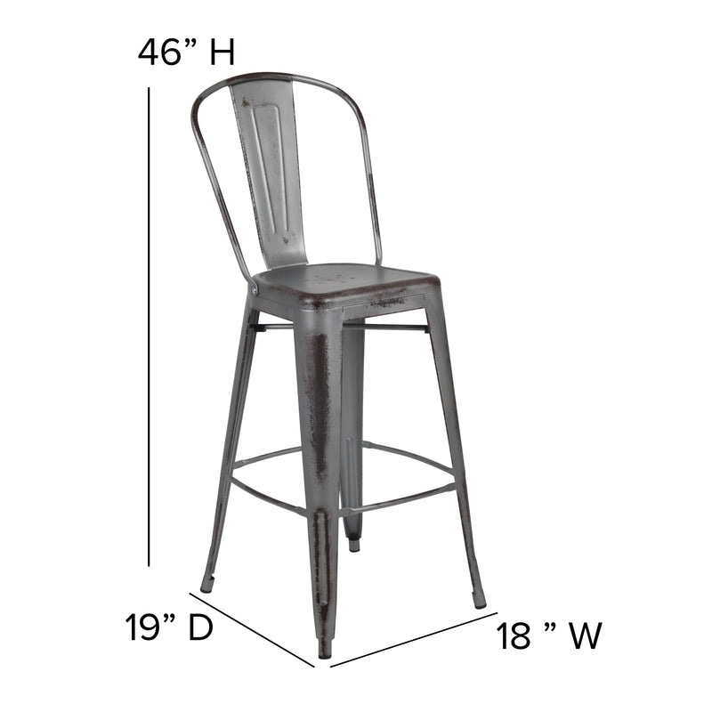 Commercial Grade 30" High Distressed Silver Gray Metal Indoor-Outdoor Barstool with Back