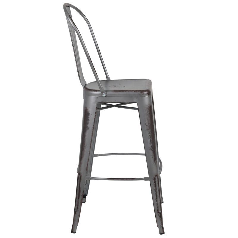 Commercial Grade 30" High Distressed Silver Gray Metal Indoor-Outdoor Barstool with Back